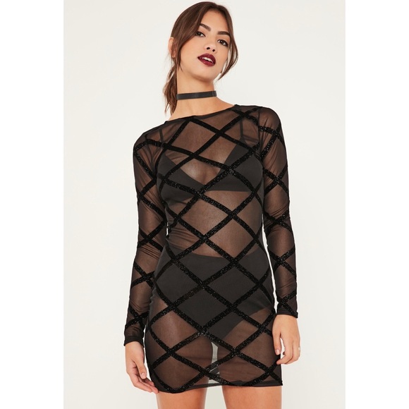 NWT Missguided Black Mesh Glitter Detail Bodycon - Picture 2 of 7